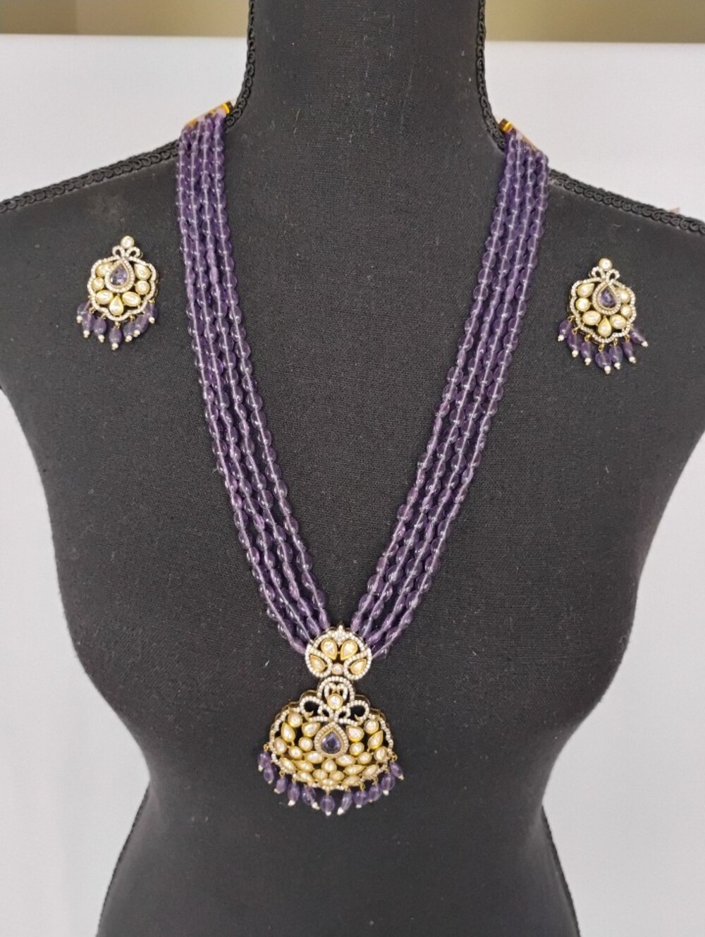 Purple Beaded Victorian Premium Necklace Set with Gold-Tone Pendant and Earrings